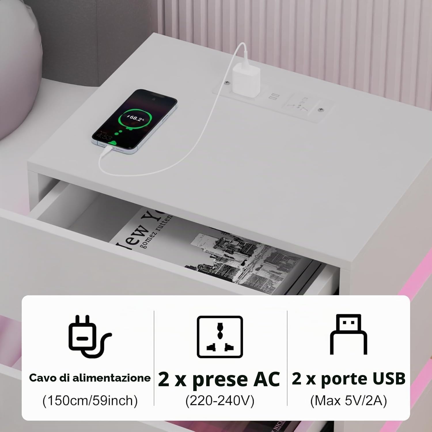Comodino lucido con 3 cassetti, in legno, per camera da letto e soggiorno, colore bianco, 45 x 35 x 62 cm