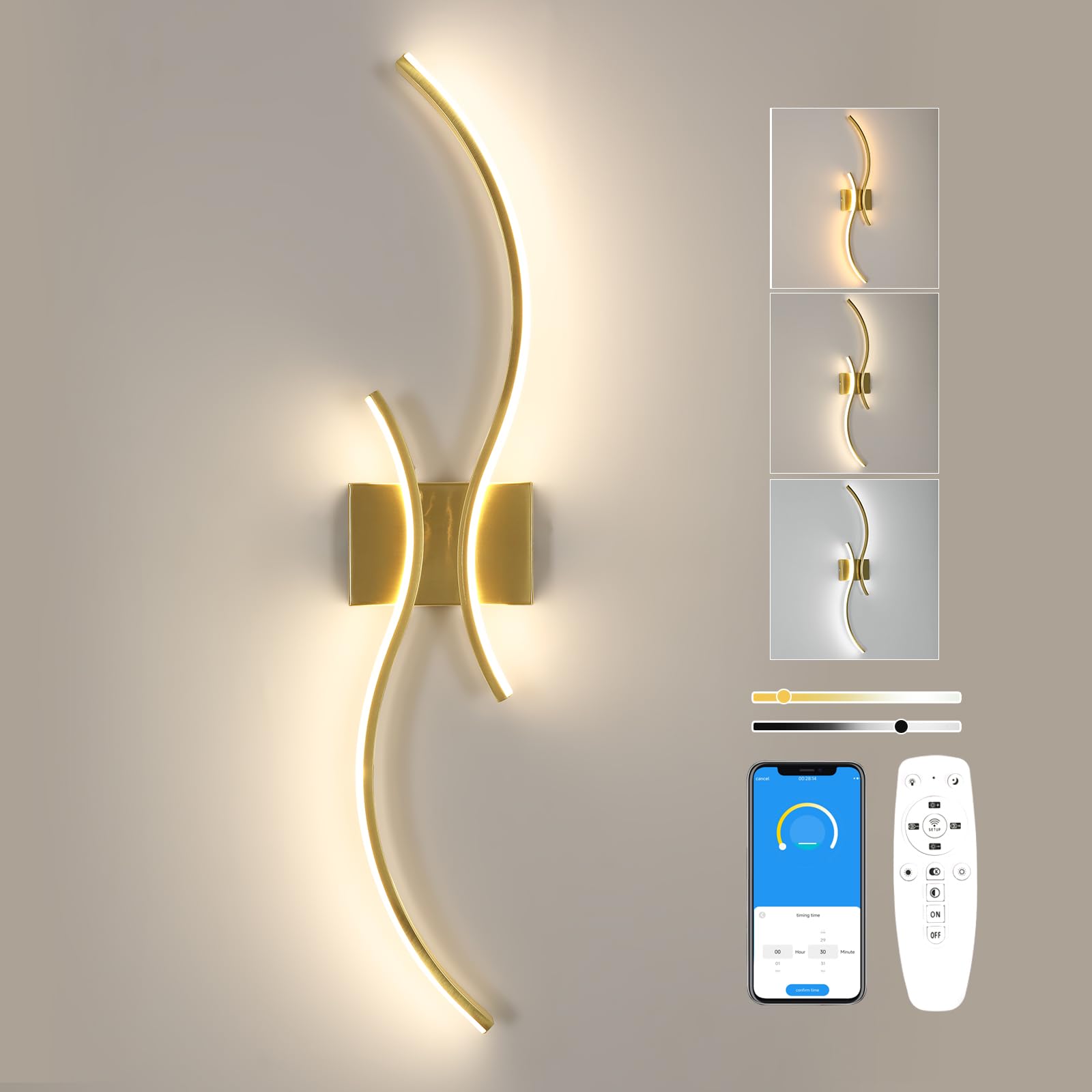 Comely 32W Regulowany Kinkiet LED Z Pilotem, Zakrzywiony Design Aluminiowa Lampa Ścienna Sypialniana, Nowoczesna Złota Wewnętrzna Oprawa Do Salonu Schodów Kuchni