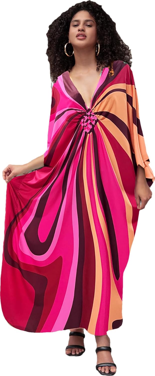 Kaftan Dresses for Women Wave Neck Swimsuit Cover Up Caftan Dress Plus Size Oversized Long Beach Dress