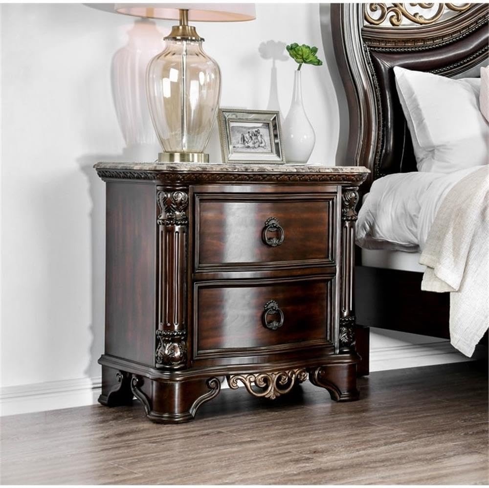 Home Square Jordan Transitional Wood and Marble Top Nightstand in Brown Cherry Set of 2