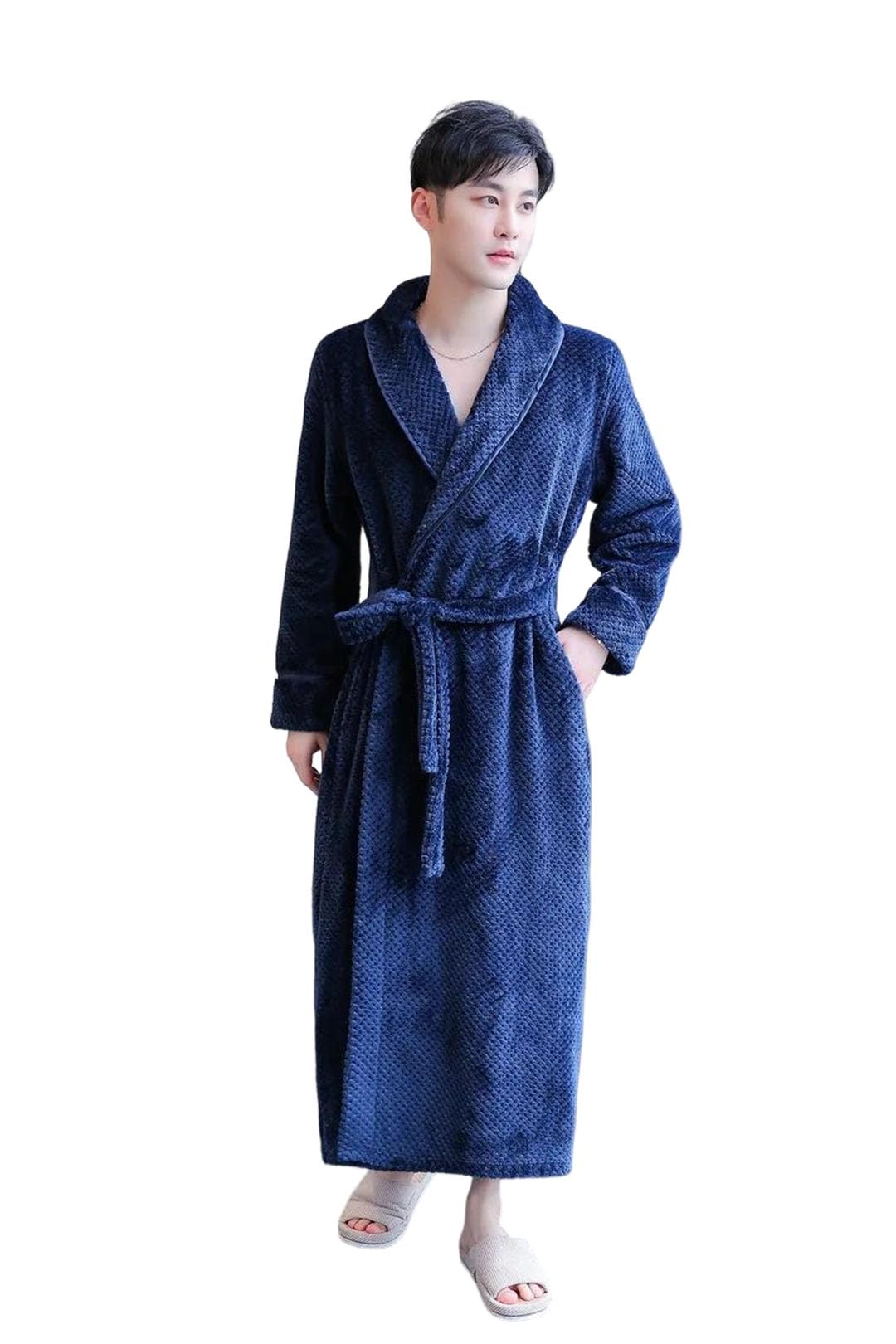 Men Women Thick Flannel Couple Pajamas Nightgown Bath Robe Kimono Bathrobe Fleece Sleepwear Warm Robes Belts Navy Blue-Men-XL