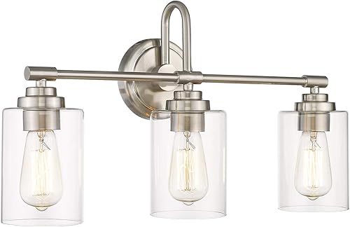 Lámparas de tocador de baño de 3 luces, iluminación de baño de níquel cepillado con pantalla de vidrio transparente, accesorios de iluminación de