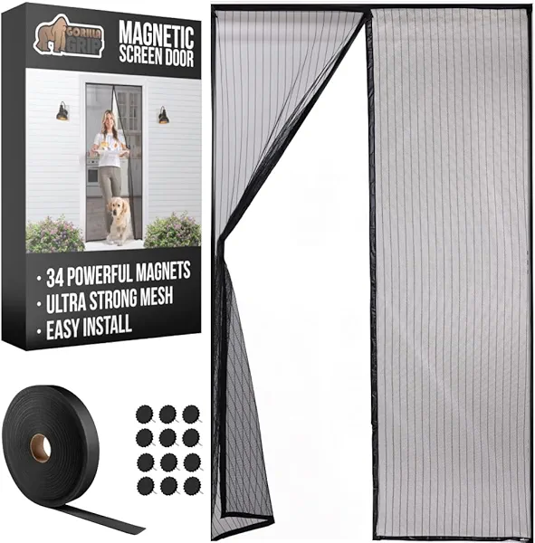 GORILLA GRIP Magnetic Screen Door, Hands Free Mesh Curtain Keeps Bugs and Mosquitos Out, Automatic Magnet Closure, Heavy Duty Patio Sliding Dog Doors Cover, Window Screens Protector, Black 38x82