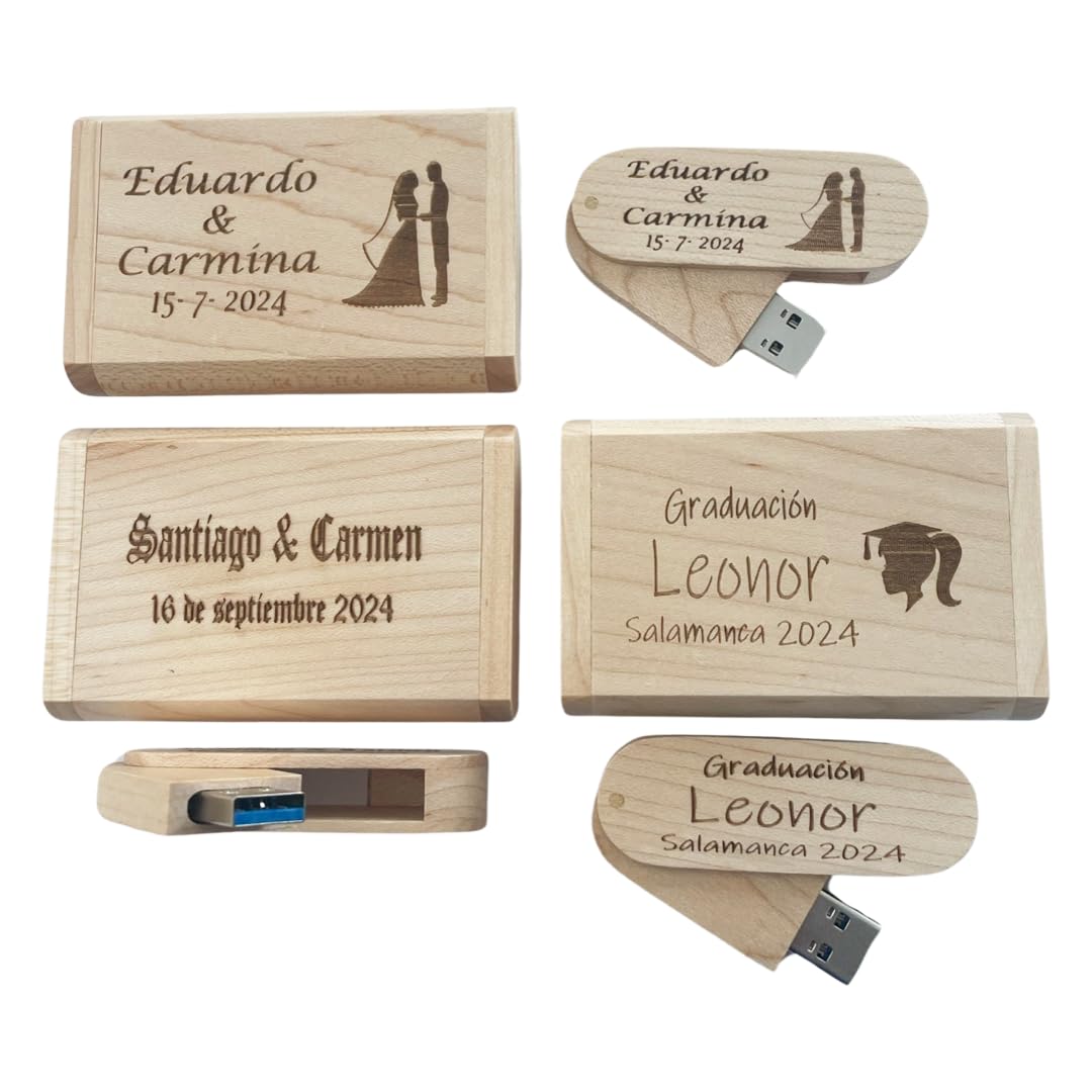 Regalo Grabado - 1 Memoria Personalizada 32GB o 64 GB USB 3.0 | Pendrive con Caja Madera Natural | Grabado de Texto o Logo Boda, Cumpleaños, Empresa | Unidades 1