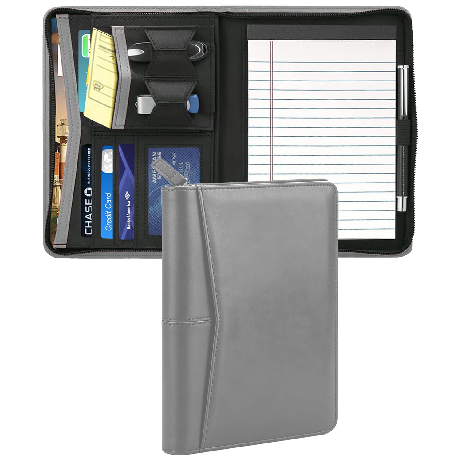 Konper Junior Padfolio Portfolio with 5 x 8 Writing Pad, A5 Business Portfolio Binder Folder Organizer Multi-Function Combination Case for Men Women, Gray