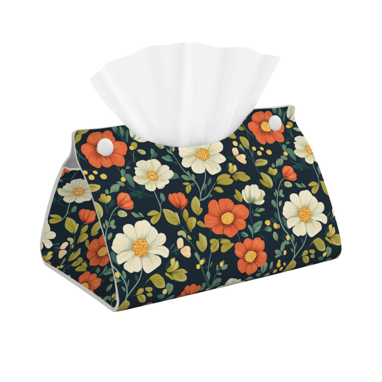 Boho Orange White Flower Pattern Tissue Box Cover Rectangle Pu Leather Tissue Box Holder for Car Bathroom Bedroom Desk Tabletop Decor
