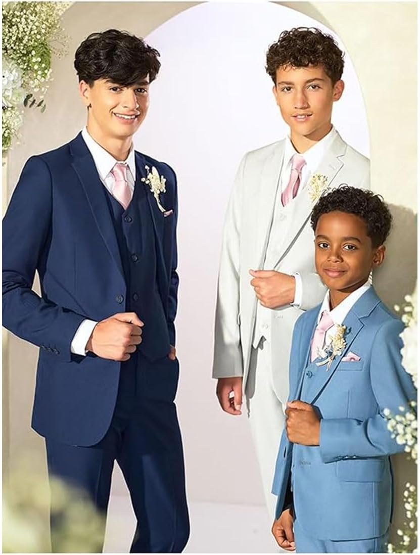 Mi Bo Tong Boys Tuxedo Suit Blazer 3 Piece Formal Wedding Ring Bearer Outfit Slim Fit Jacket Vest Pants Ceremony Suit