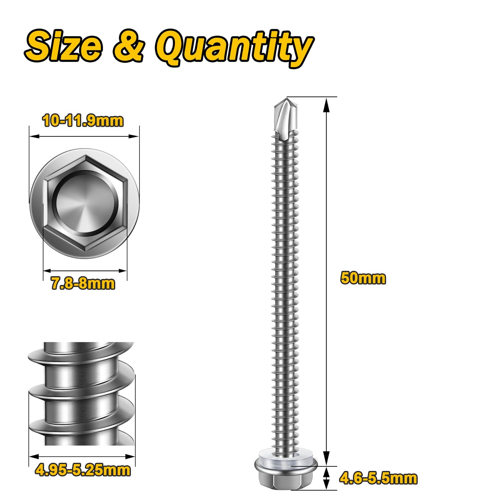 Wavanta Self Tapping Screws, 5.5 x 50mm Hex Washer Head Self Drilling Screws, 410 Stainless Steel Metal Screws, TEK Screws, Pack of 50 - Image 2