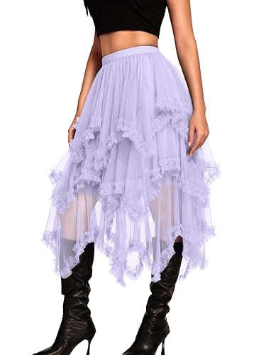 Kaei&Shi Long Tulle Skirt,High Waisted Asymmetrical Ruffle Skirts for Women,Renaissance
