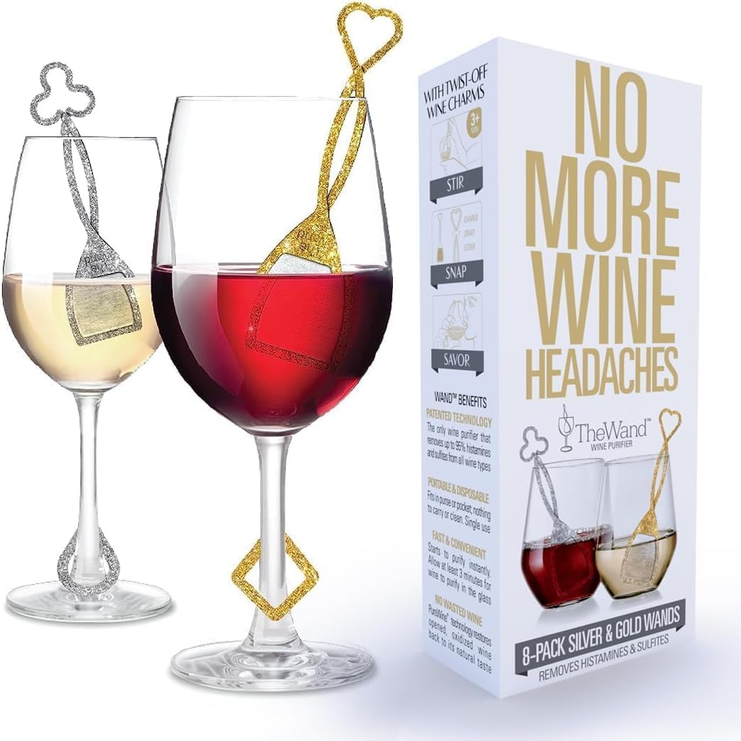 PureWine The Wand Wine Purifier - Red & White Wine Filters for Histamines & Sulfites, Sulfite Remover Sticks, Helps Allergies & Headaches, Gift Accessories for Women & Men - 8 Wands, Silver & Gold
