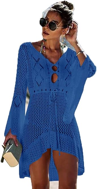Ulalaza Womens Sunscreen Swimwear Cover Up Lace Crochet Bikini Dress Beachwear Hollow Out