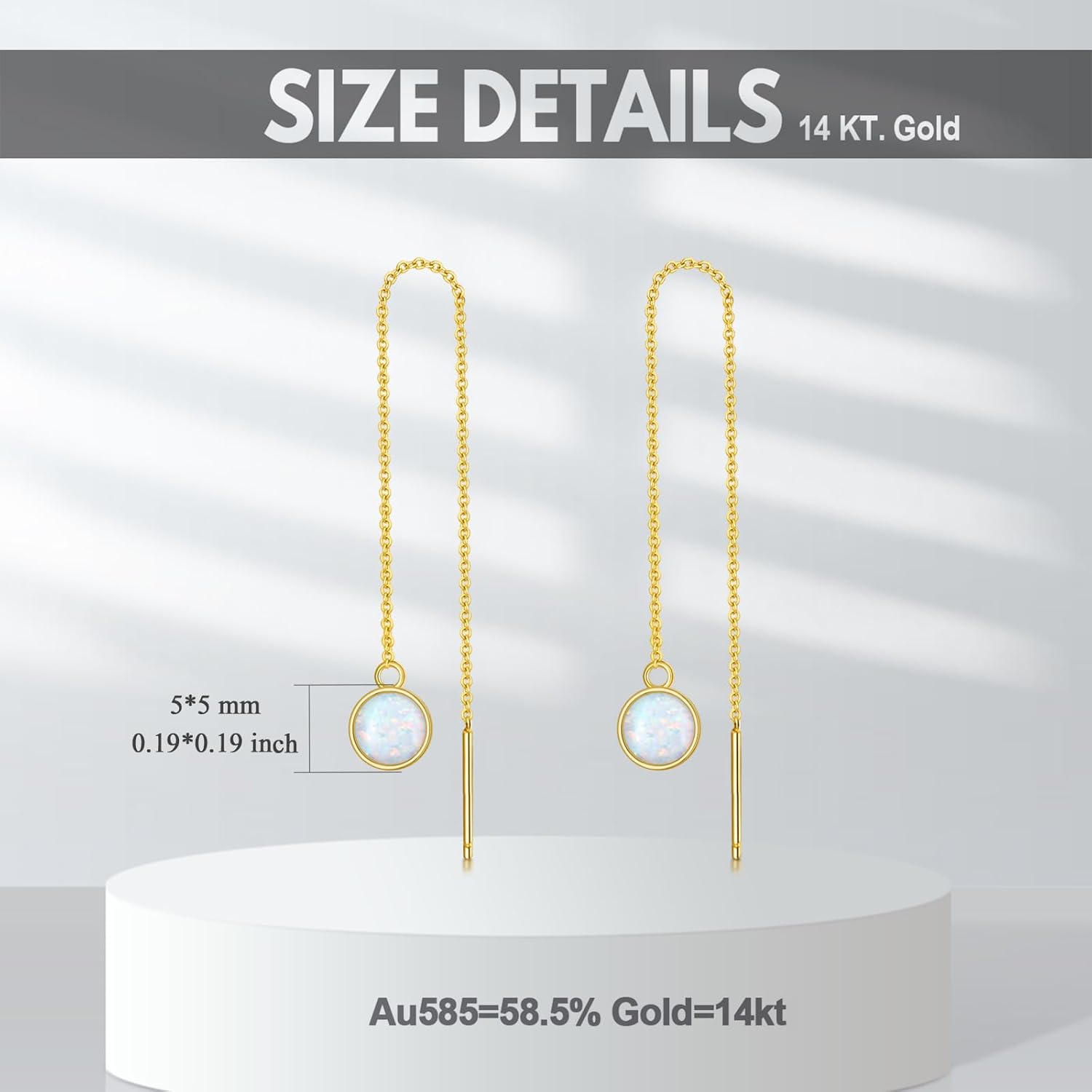 Pull Through Earrings 14K Solid Gold Threader Earrings For Women Dainty Birthstone Opal Long Chain Earring Dangle Hanging Drop Earring For Mom Wife Birthday Mothers Day