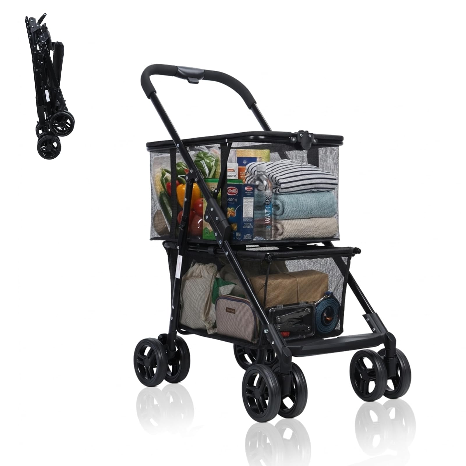 Shopping Trolley, Folding Shopping Trolley with Double Layer Mesh Basket, Heavy Duty Wheeled Trolleys with 360 Wheels and Brake, Collapsible Utility Trolleys for Garden Beach Festival Use (Black)
