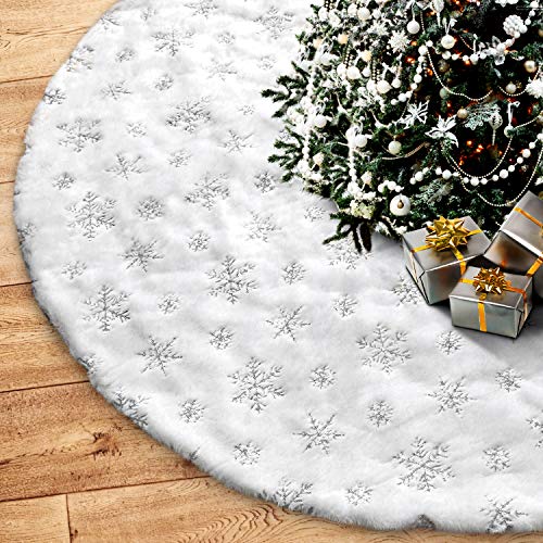 Soqool Christmas Tree Skirt, Sliver Snowflake 48 inches White Faux Fur Mat for Xmas Party Decorations Holiday Festival Supplies