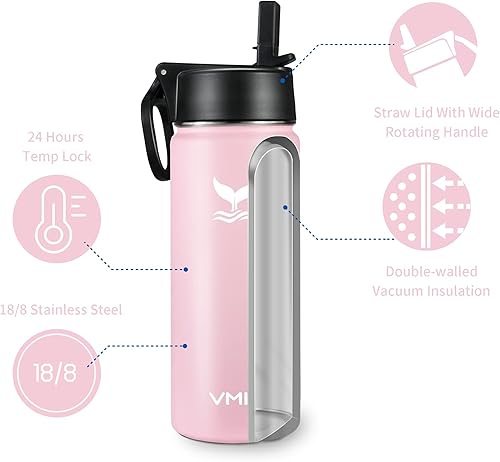 Miniatura 3 de Vmini - Botella de agua de acero inoxidable 188 de boca ancha con aislamiento al vacío y con tapa de popote, 12  18  24  32  40  64 oz