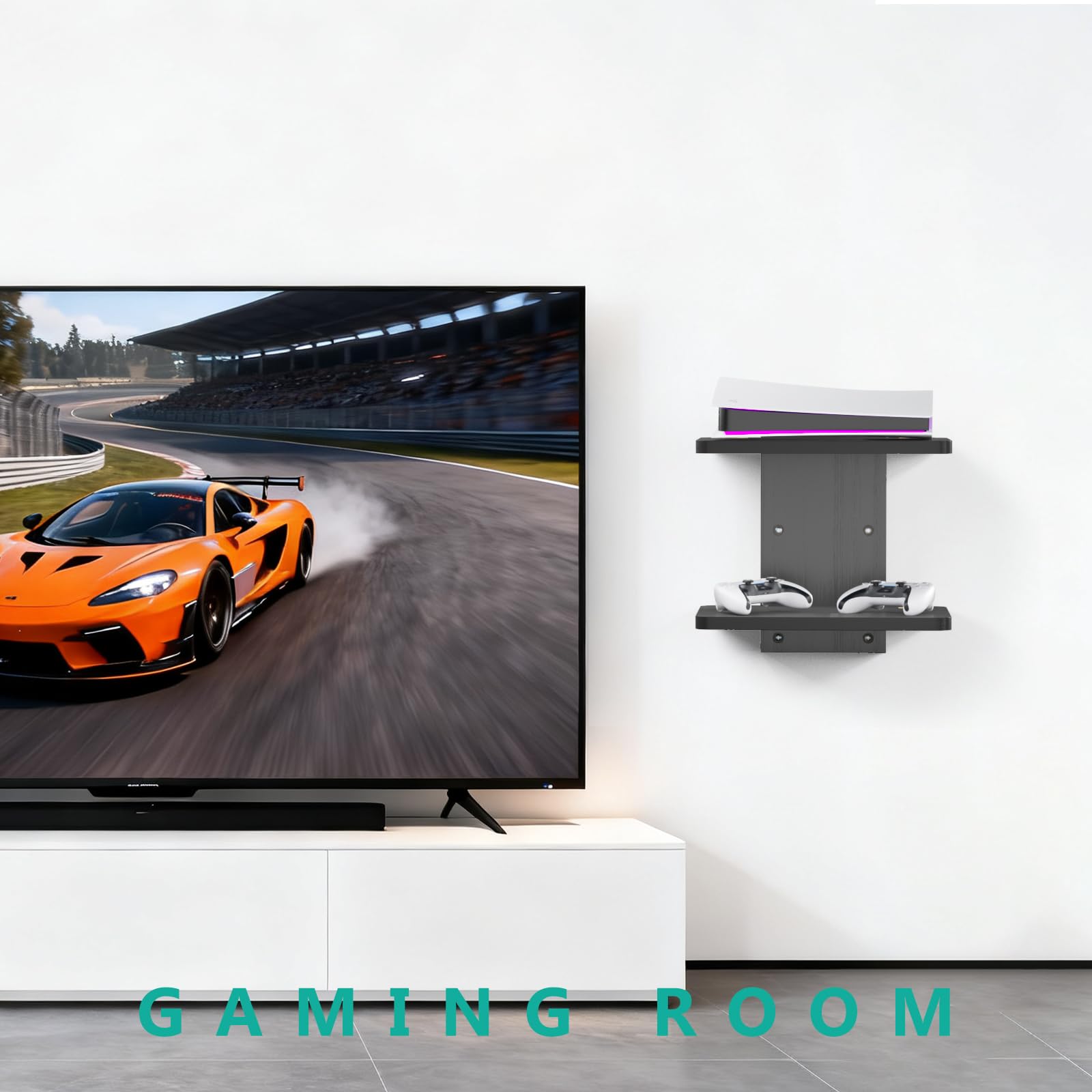WALI Mensola sospesa per TV, può contenere fino a 10 kg, ripiani in legno da parete sotto il ripiano TV per lettori DVD, decoder via cavo, router, console di gioco, accessori decorativi per soggiorno