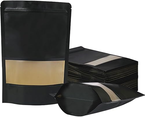 100 bolsas resellables, bolsas de papel kraft de pie con ventana mate, bolsas de almacenamiento de alimentos con cierre de cremallera para pequeñas