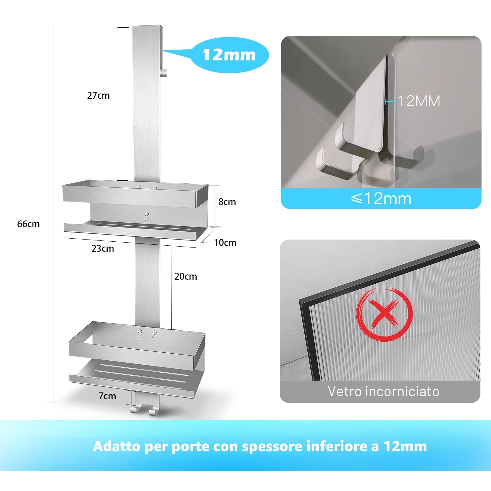 UUlioyer Mensola Doccia da Appendere, Porta Bagnoschiuma da Doccia in SUS304 Acciaio Inox da Appendere al Porte Doccia in Vetro, Argento (Doppio strato argento)