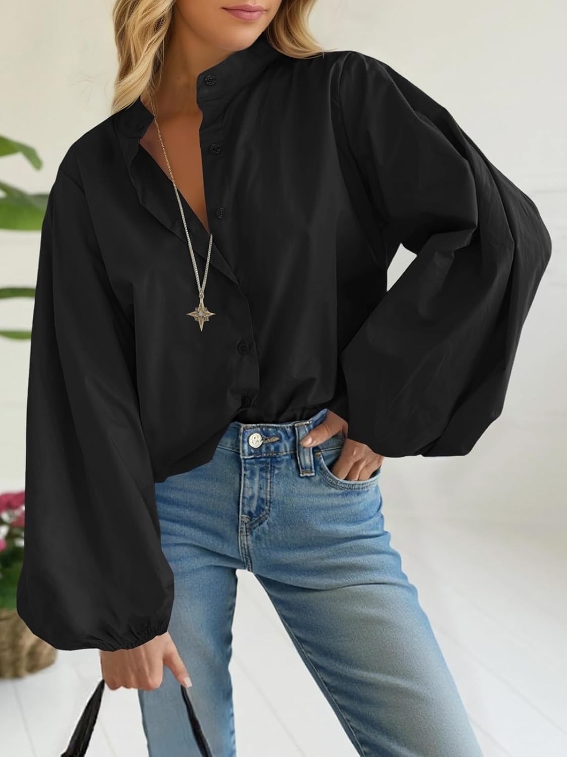 Tankaneo Womens Lantern Sleeve Button Down Shirts Oversized Mock Neck Blouse Trendy Casual Loose Fit Cotton Tops - Image 5