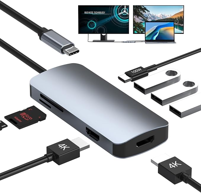 USB C to Dual HDMI Adapter, 8 in 1 USB C Docking Station USB C Adapter with 2HDM