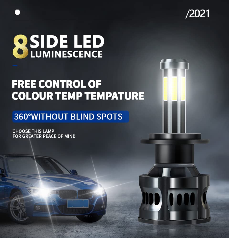 Confezione Da 2 Lampadine A LED Di Ricambio, 8 Lati Luminosi Super Luminosi Per Abbaglianti/Fendinebbia, Kit Di Conversione Da 10000 Lumen Plug And Play, Bianco Brillante,H7