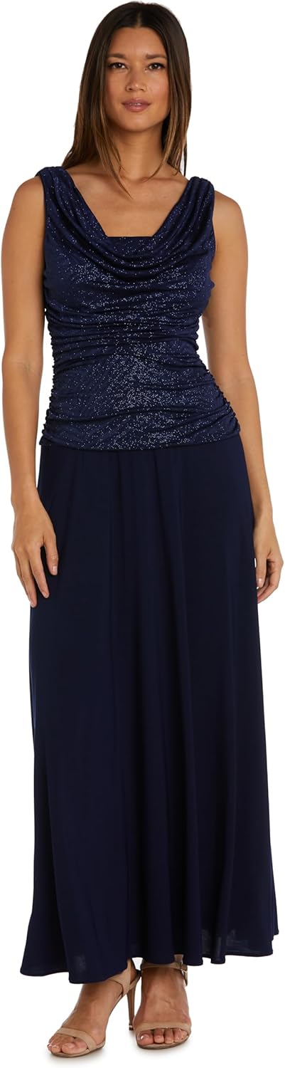 R&M Richards Elegant Glitter Knit Jacquard Ruched Bodice 12 Navy