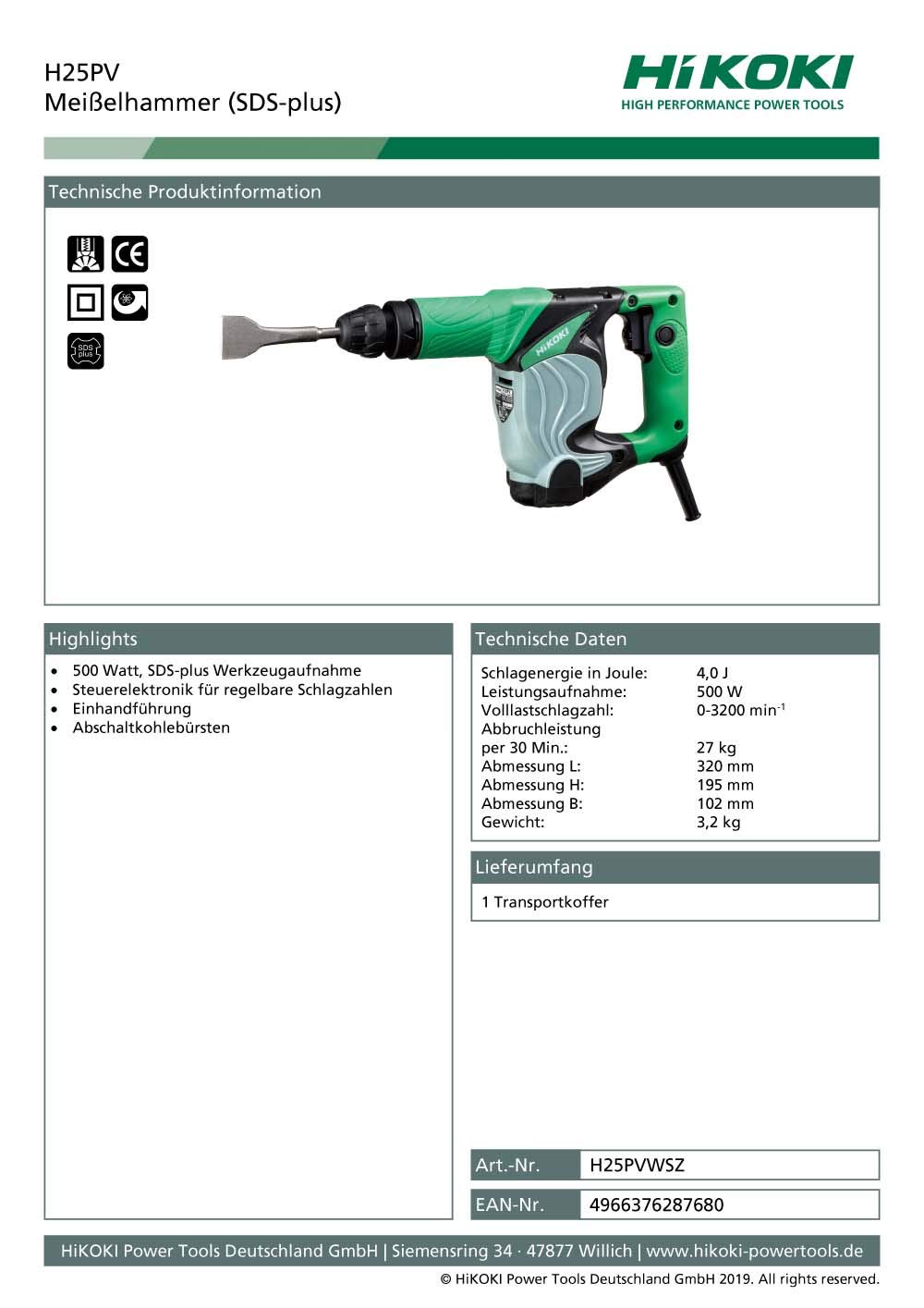 Hikoki H25PVWSZ Martello Scalpellatore 500 W 2.2 J (Epta), 230 V