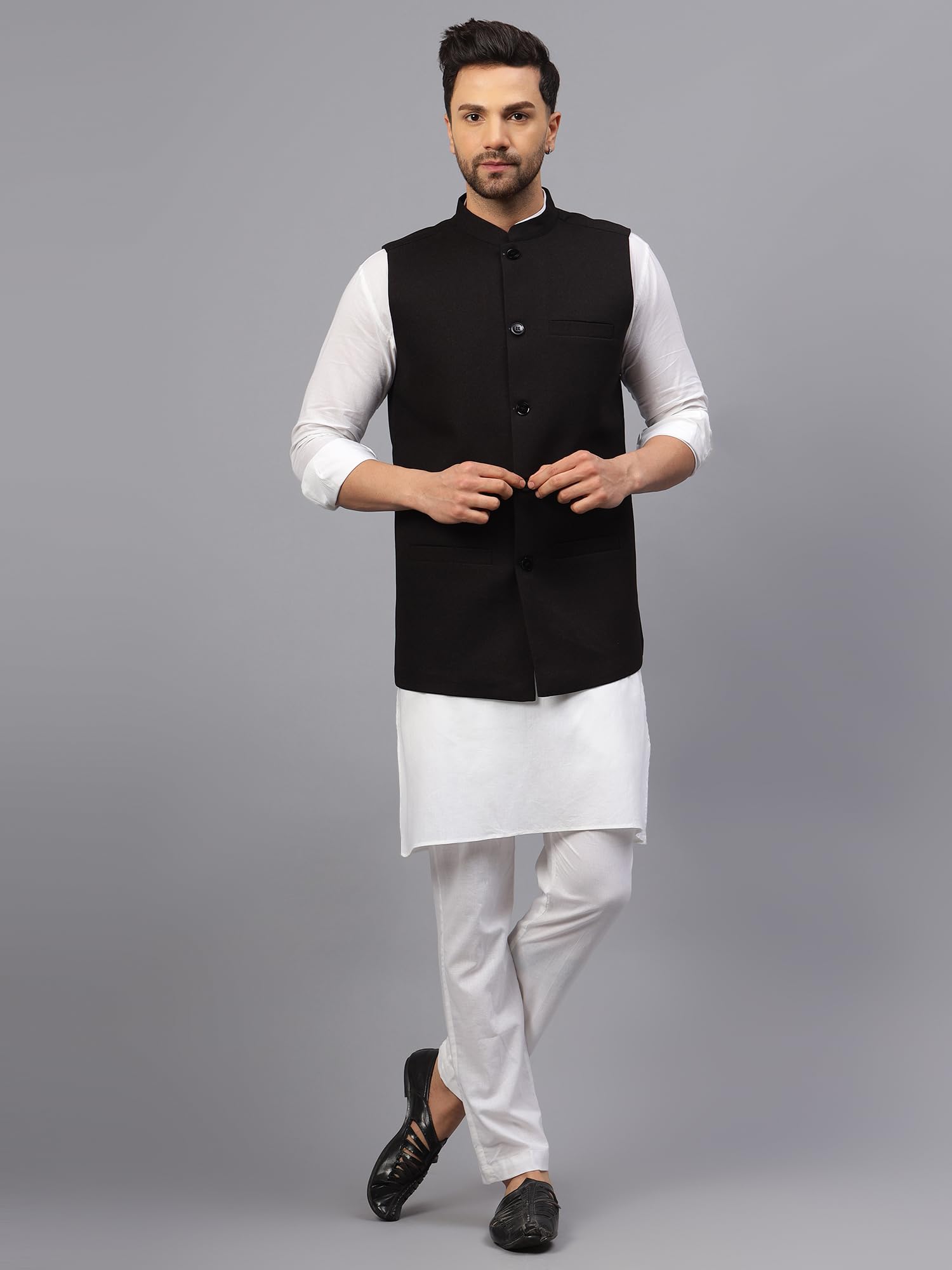 LATEST CHIKAN Men's Traditional Silk Cotton Geometrical Printed Premium Nehru Jacket/Waistcoat -SADRI-JC-BK-42 - Image 2 thumbnail