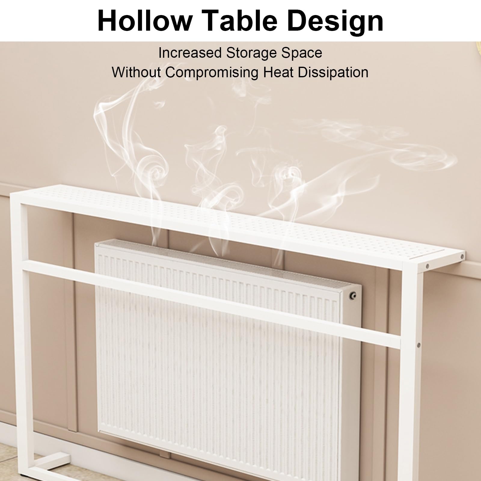 Mesa de cubierta de radiador con estante de almacenamiento, mesa consola de 2 niveles para sala de estar o baño, marco de acero estrecho con barra para ropa