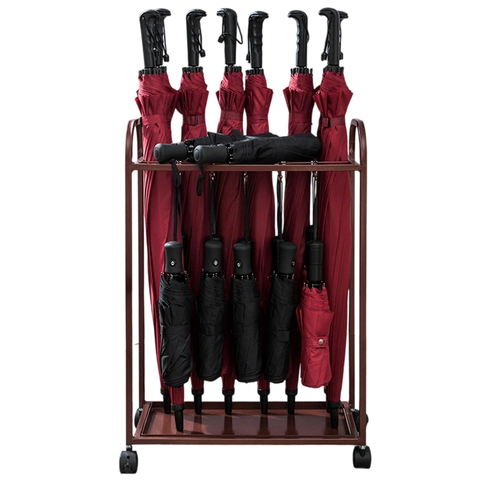 CWCQGH Portable Umbrella Holder Rack with 12 Holes & 6 Hooks Modern Metal Design Locking Wheels & Removable Drip Tray for Hotels & Apartments Entryway nizer,Brown-45 * 25 * 68cm/19 * 9 * 26in