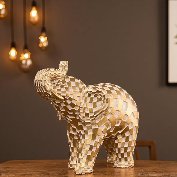 SMRTHMRT Geometric Checkered Golden Animal Sculptures, Resin Crafted Modern Home Decor, Lucky Figurines with Gold Finish (Elephant)