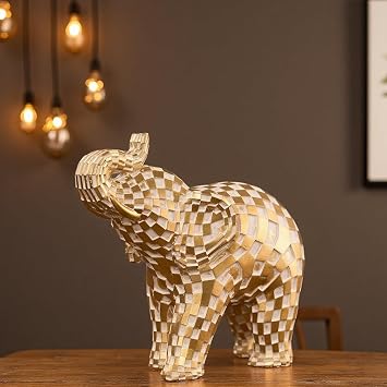 SMRTHMRT Geometric Checkered Golden Animal Sculptures, Resin Crafted Modern Home Decor, Lucky Figurines with Gold Finish (Elephant)
