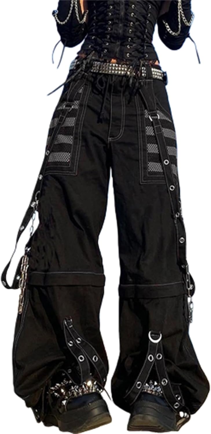 Women Y2k Cargo Pants Punk Emo Baggy Zipper Fly Harajuku Bell Bottom Jeans Grunge Gothic Vintage Wide Leg Pants