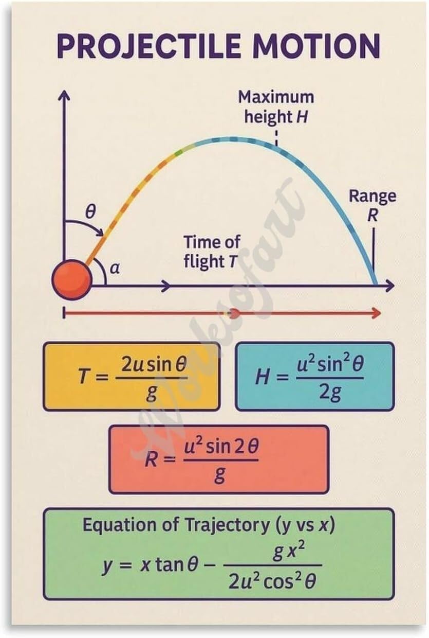 QMKADFQXF Kinematics Poster Projectile Motion Trajectory and Equations Chart Science Teacher Wall-Art for School(Unframed,16x24inch(40x60cm))
