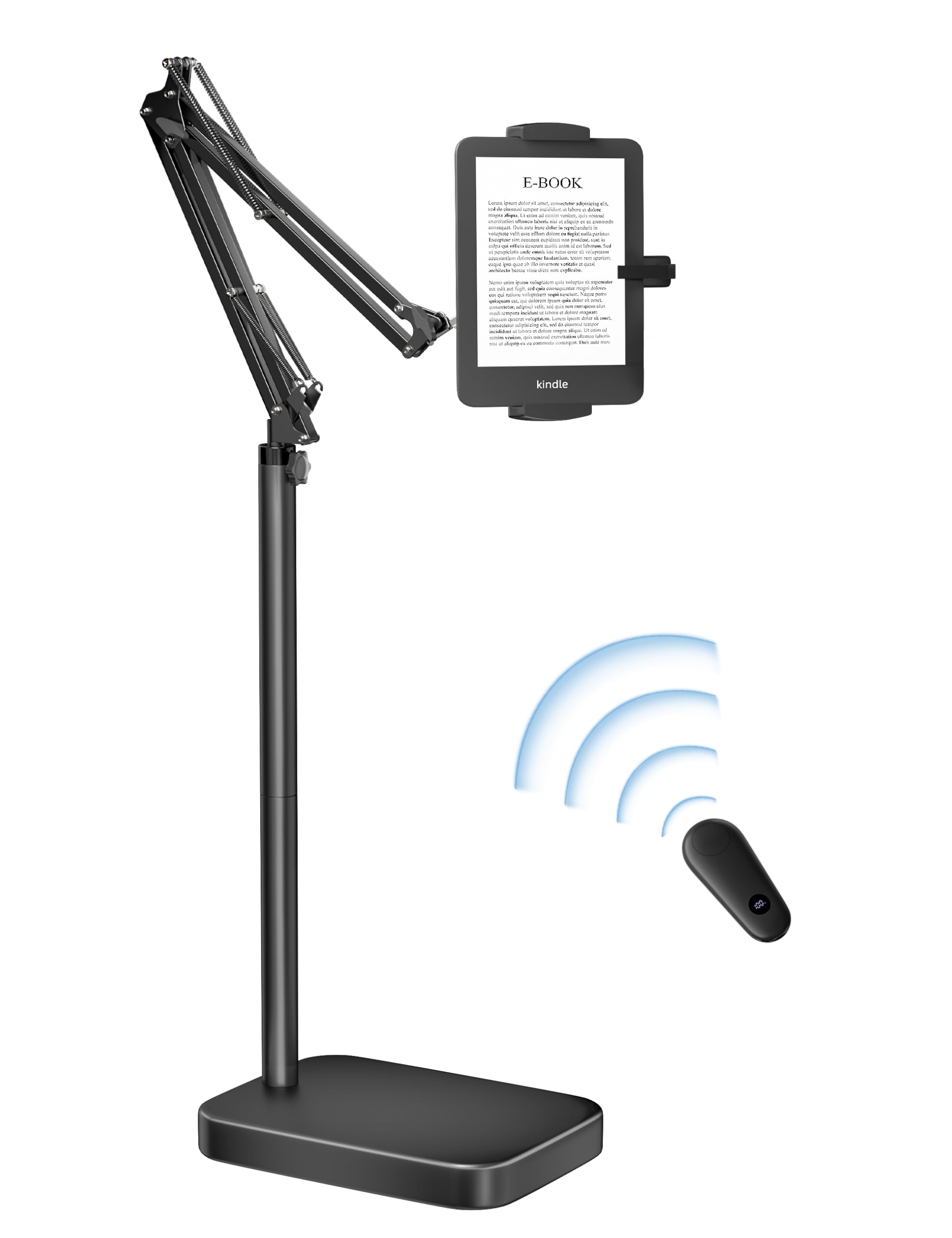 VOLTIFYMAX Kindle Floor Stand with Remote Page Turner, Tablet Stand with 11lb Stable Base, Adjustable Height Tablet Holder Mount, Compatible Kindles