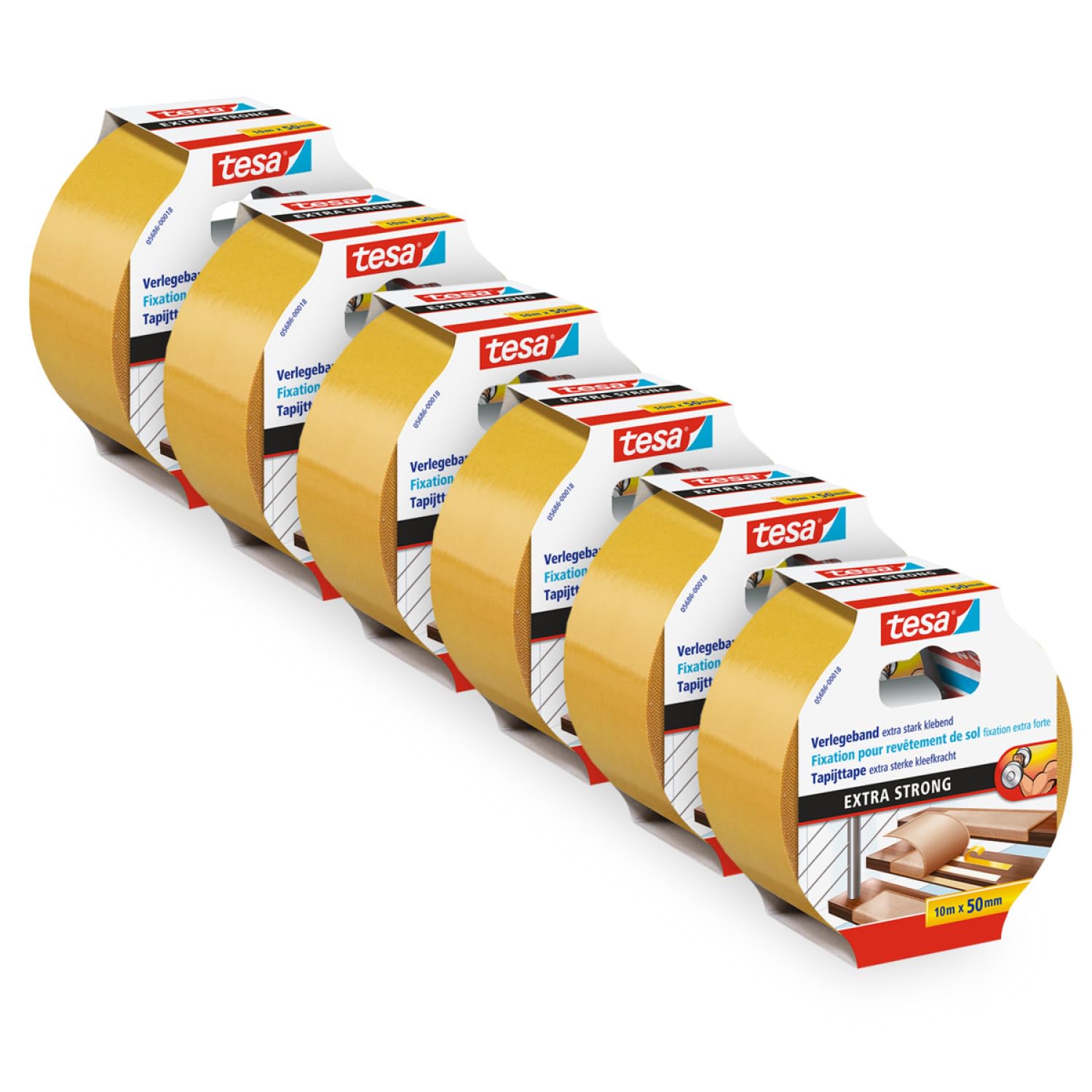 tesa Nastro adesivo extra forte in confezione da 6 pezzi – Nastro biadesivo per la posa di tappeti e rivestimenti in PVC – biadesivo – 10 m x 50 mm