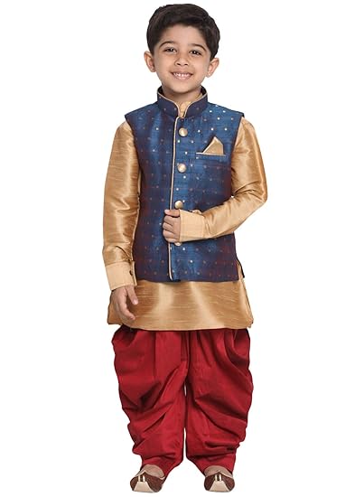 Boys Silk Blend Kurta Pyjama Jacket Set - Ethnic Elegance for Festivals | Banarasi Brocade Woven Jacquard Nehru Jacket and Pathani Kurta and Dhoti Pant