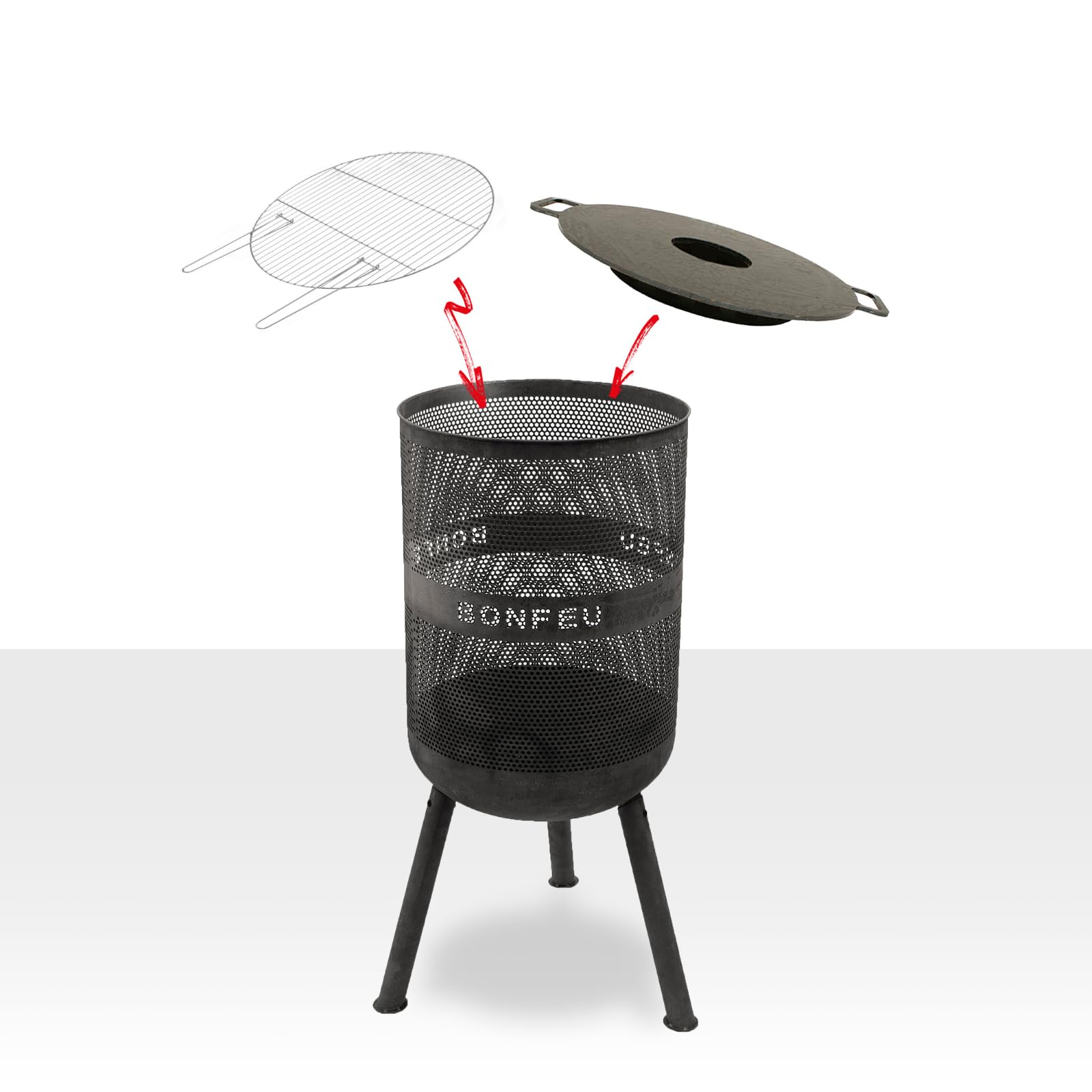BonFeu Bonves Ø 34cm Schwarz - Feuerkorb für den Garten - Feuertonne & Feuerstelle - Feuerschale Feuerkorb aus stabilem Stahl - Mit Grillrost & Schürhaken zum Kochen - Feuerkorb mit Grillrost