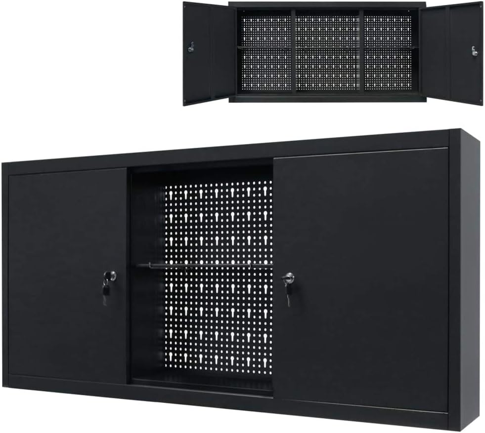 Metal Wall Storage Cabinet, Garage Storage Tool Cabinet, Wall Mounted Cupboard Box with 2 Secure Lockable Cupboards, Wall Tool Chest