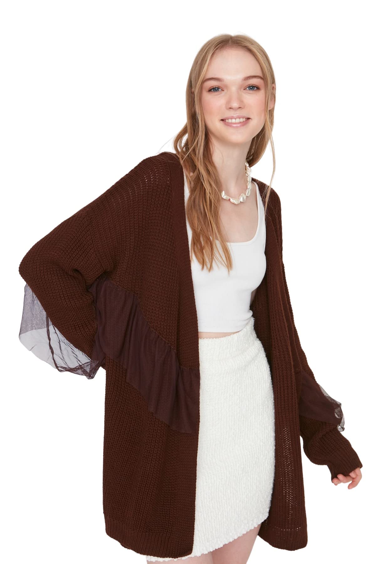 Trendyol Women's Trendyol Woman Regular Standard V-neck Knitwear Cardigan Sweater, Brown, S UK
