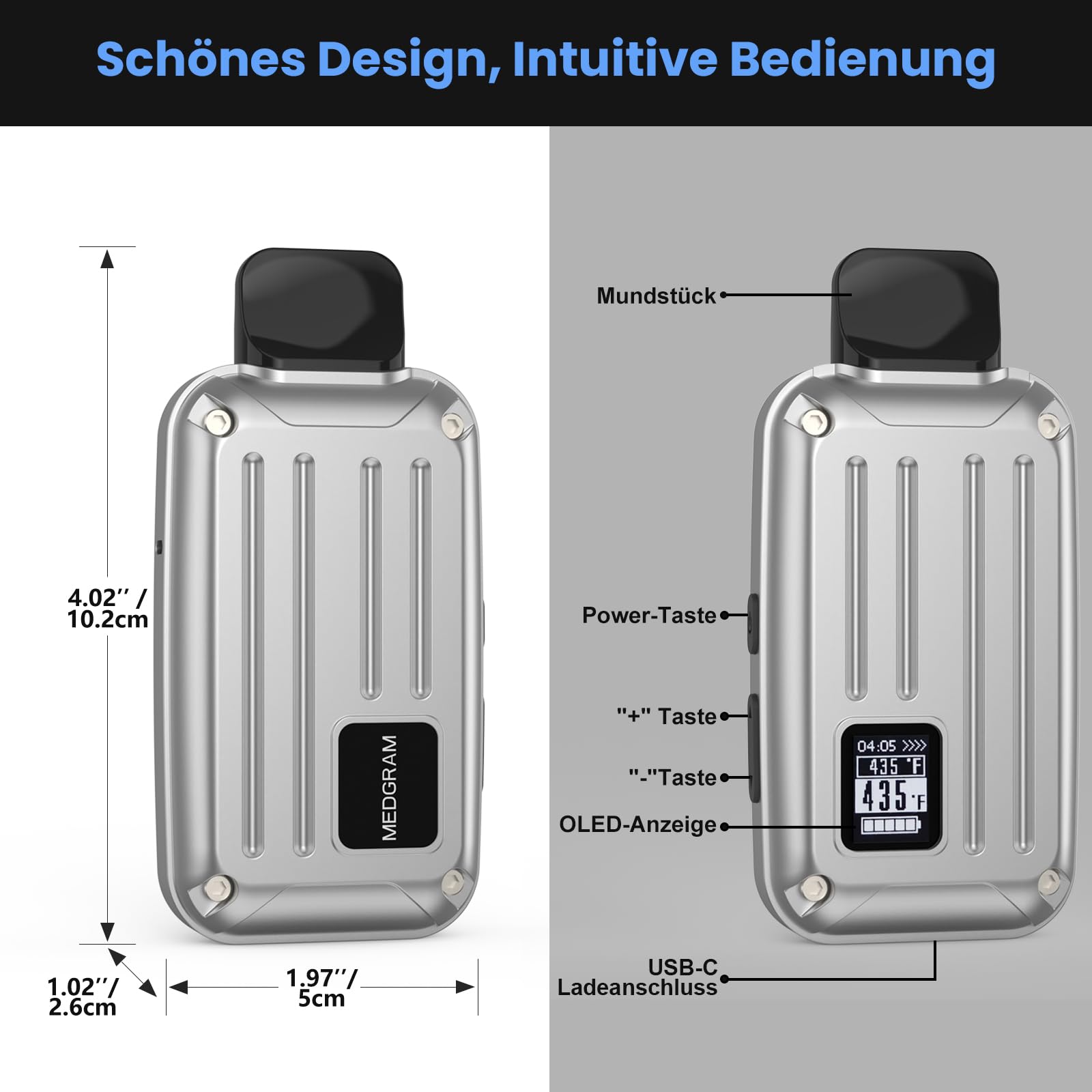 Vaporizer Kräuter | MEDGRAM Präzise Temperatureinstellung 93-220℃ | LCD Display | Magnetisches Slide-In-Mundstück | Einfache Reinigung
