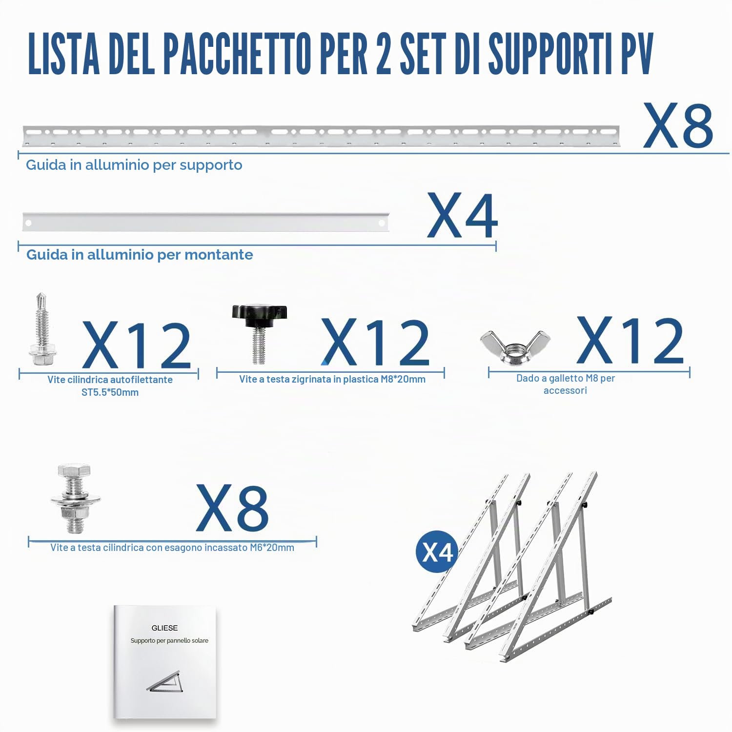 GLIESE Supporto per pannello solare, 114 cm, pannelli solari, set di montaggio da 0° a 90°, supporto fotovoltaico, per tetto piatto da 100 W a 600 W, montaggio a parete, fotovoltaico, balcone (2 set