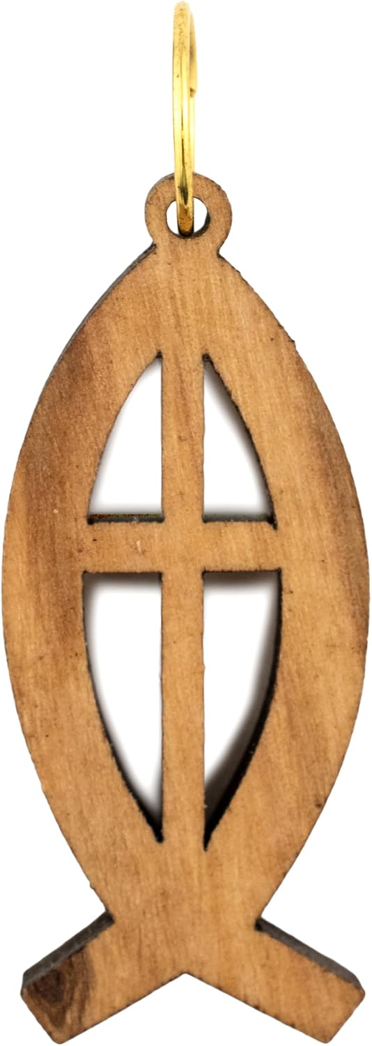 Olive Wood Fish Pendant from Bethlehem: Handcrafted Palestinian Christian Jewelry, 38mm