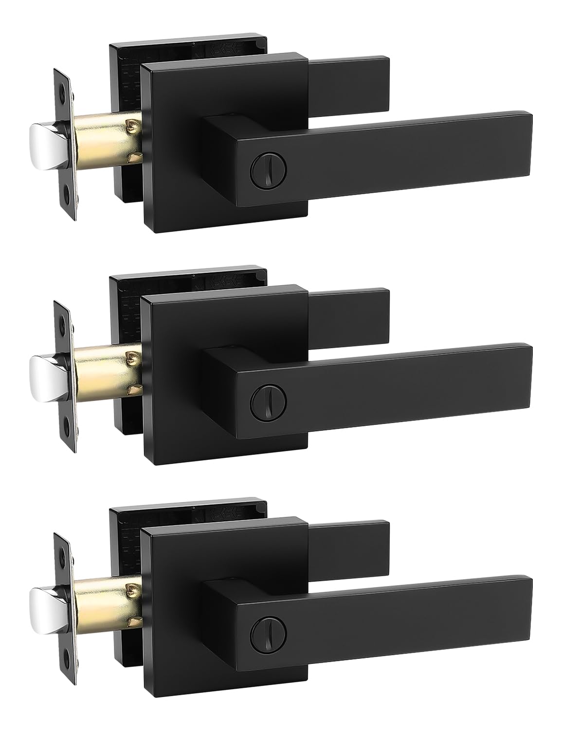 Tinewa 3 Pack Square Privacy Door Levers Locksets in Matte Black Finish, Bed/Bath Door Levers Keyless Interior Handles,Reversible for Left Right Handed Doors