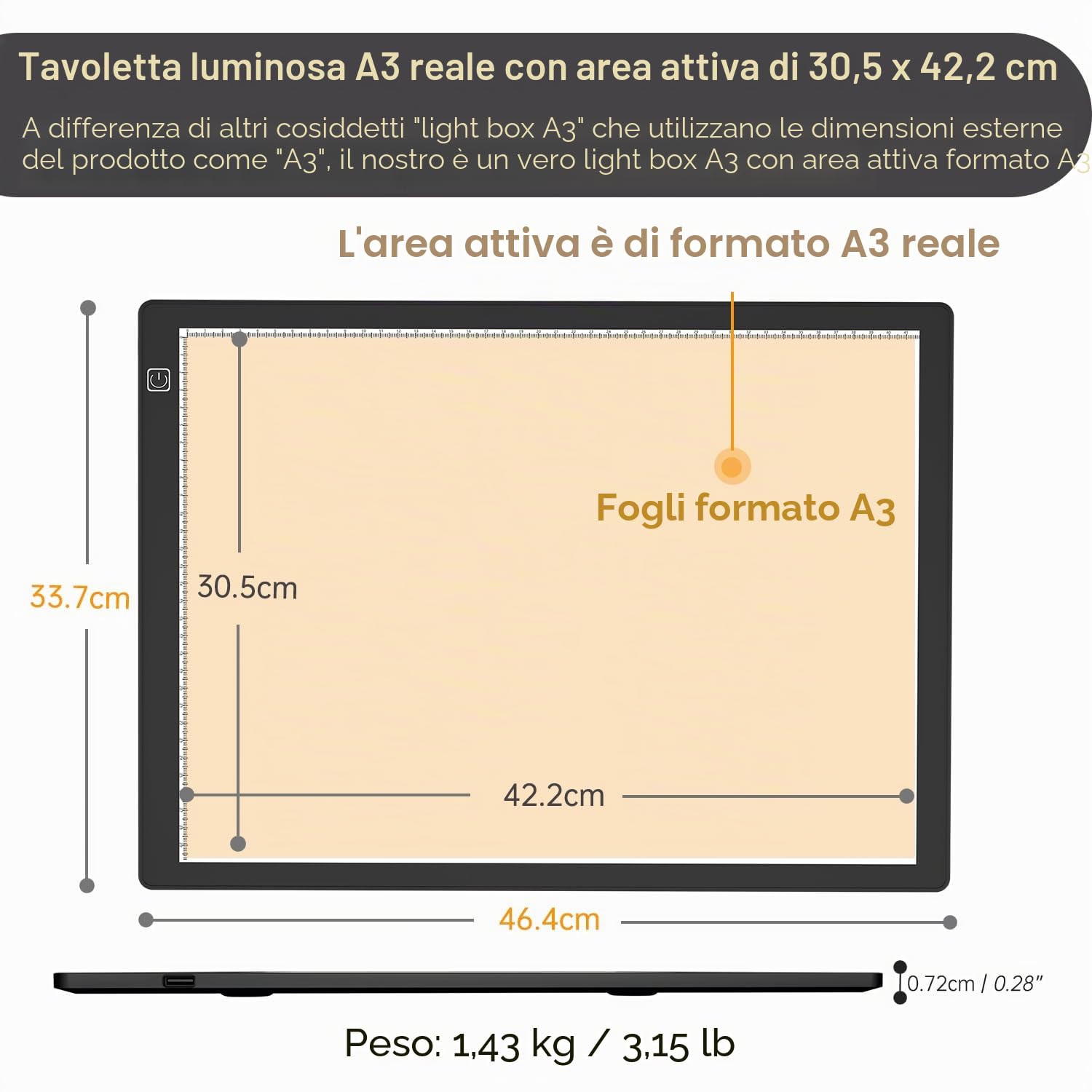 Tavoletta Luminosa A3 Led Magnetico, Scatola Luminosa di tipo C Luce Pad per Artcraft Tattoo Acquerello Copia Quilting Tracing Painting Light X-Ray w/Artist Guanto e Borsa di immagazzinaggio