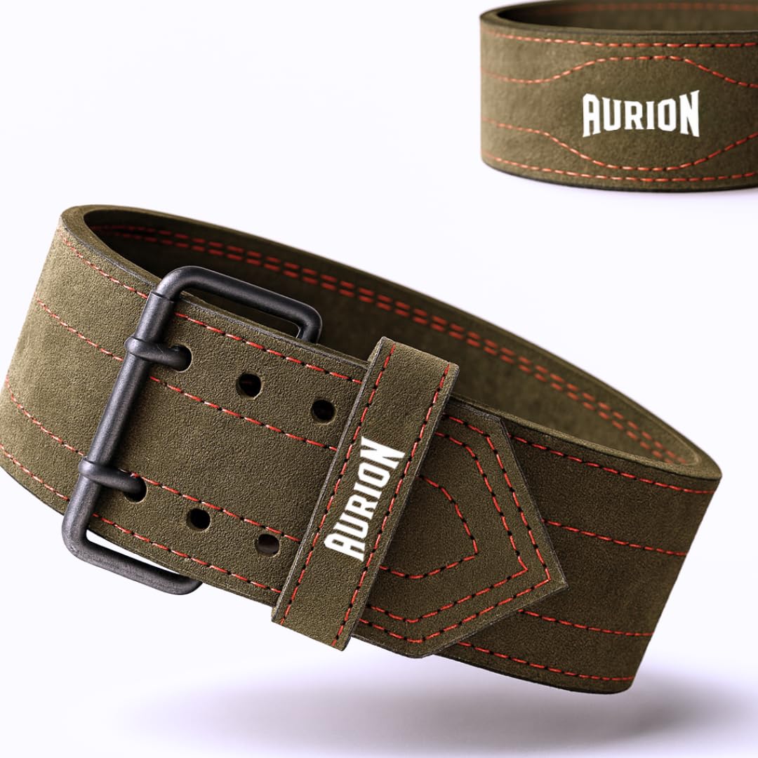 Aurion 6mm Suede Gym Belt for Weight Lifting, Premium Leather Deadlift Belt with Stainless Steel Double Pronged Buckle, Powerlifting Belt for Back Support, Gym Belt for Men & Women, S M (18" to 36")