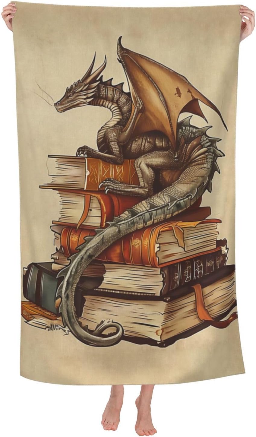 Dragon and Book Retro Beach Towel,32x52in Microfiber Quick Dry Fantasy Animal Ancient Books Vintage Bath Towels,Soft Lightweight Oversized Sand Free,for Travel Pool Swimming Gym Decor,Gifts