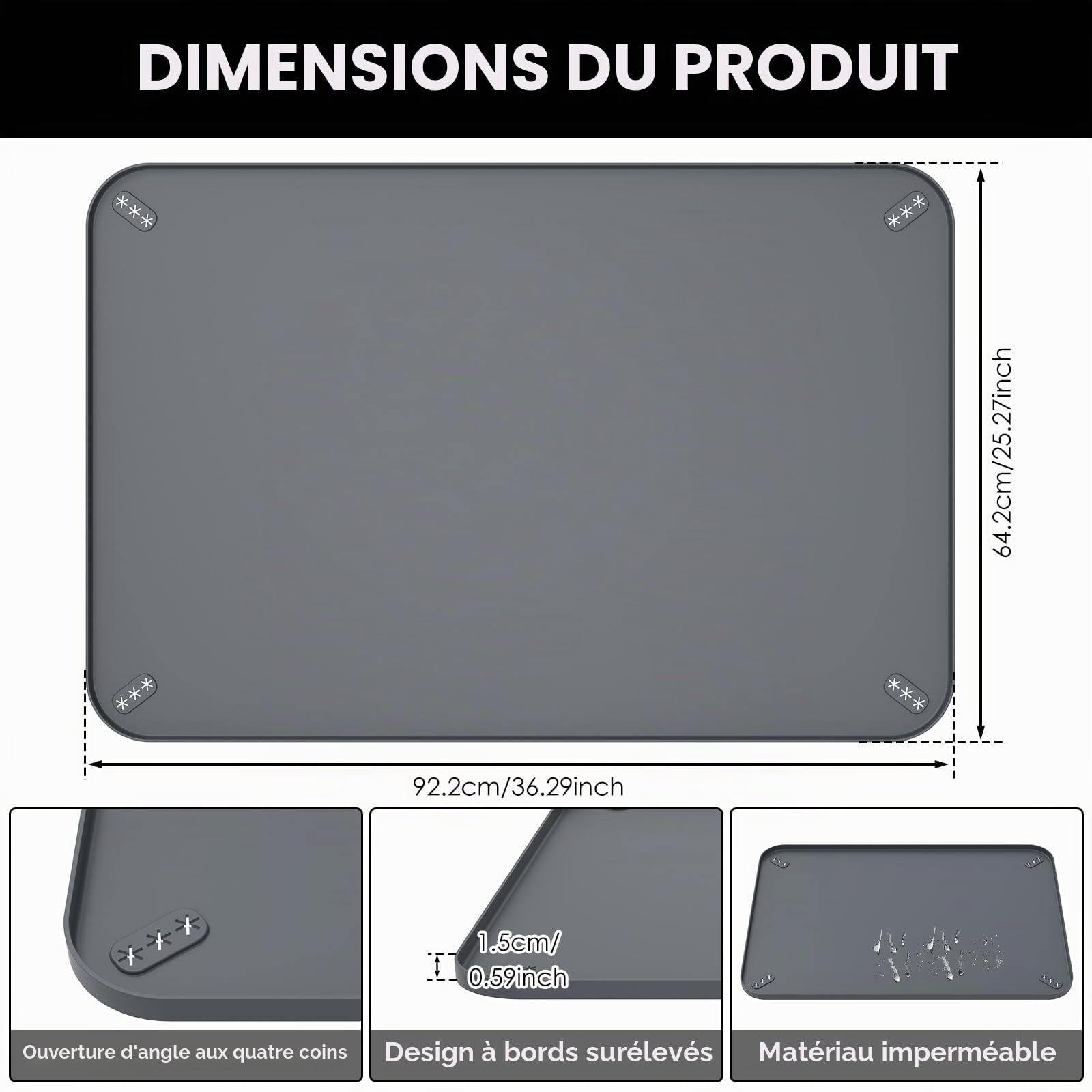 Tapis d'urine en silicone pour chiot, tapis étanche avec bord surélevé de 1,5 cm, plateau d'apprentissage de la propreté pour chiot de 92 x 64 cm, protecteur de sol antidérapant et lavable pour chiens