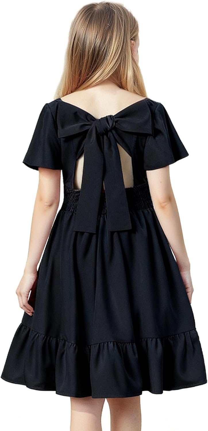 Magic Park 4-15Y Kid Flutter Sleeve Dress Square Neck Tie-Back Dresses Off Shoulder Dress Tween Girl Solid Color A-line Skirt - Image 2