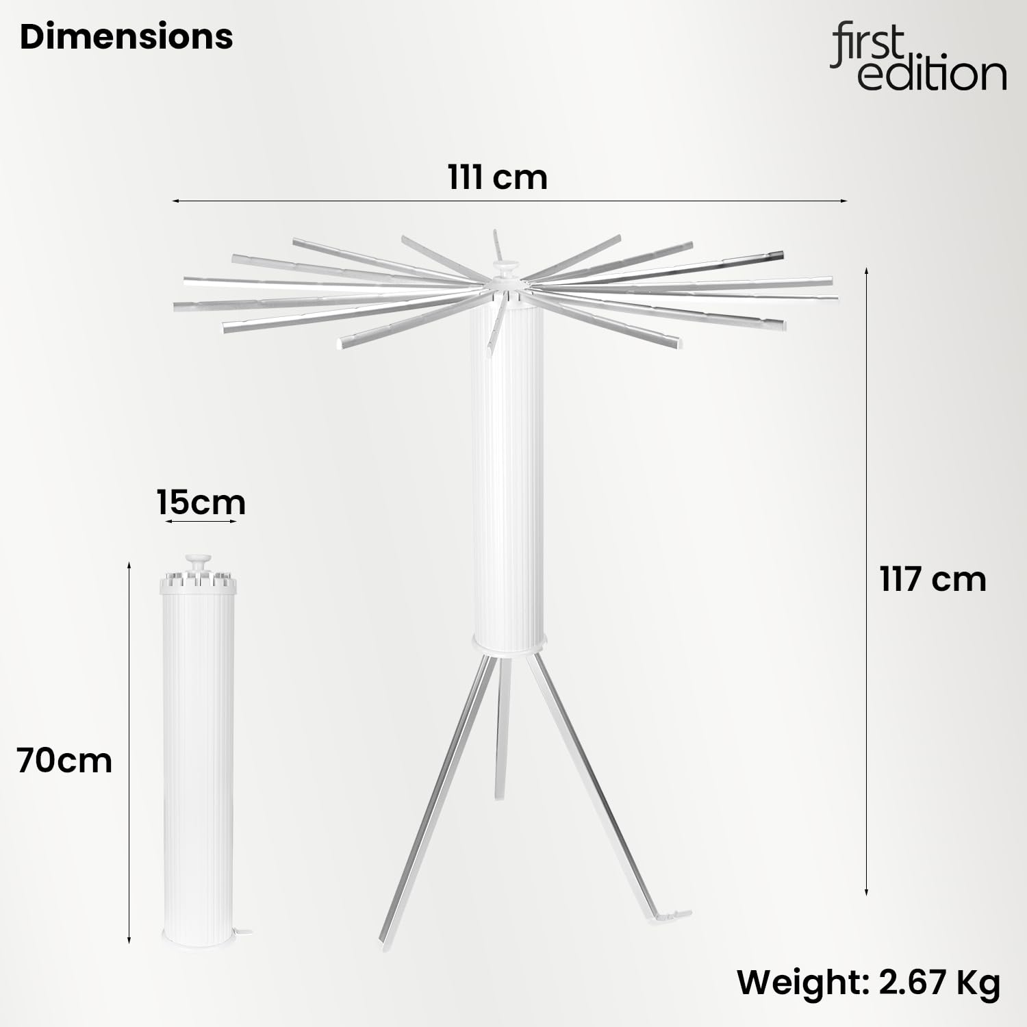 First Edition Faltbarer Octopus Wäscheständer mit 64 Aufhängeplätzen | Tragbar & Platzsparend | Rostfreier Wäschetrockner aus Aluminium & PVC für Balkon Indoor Outdoor | Stabiler Stativfuß | Weiß
